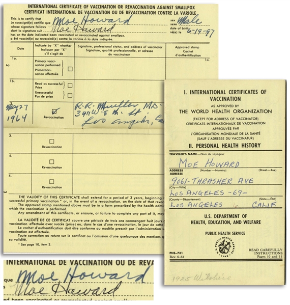 Moe Howard Twice-Signed International Certificate of Vaccination, Dated May 1964 -- His Information Also Likely Filled Out in His Hand -- Booklet Measures 3.5'' x 6'' -- Near Fine Condition